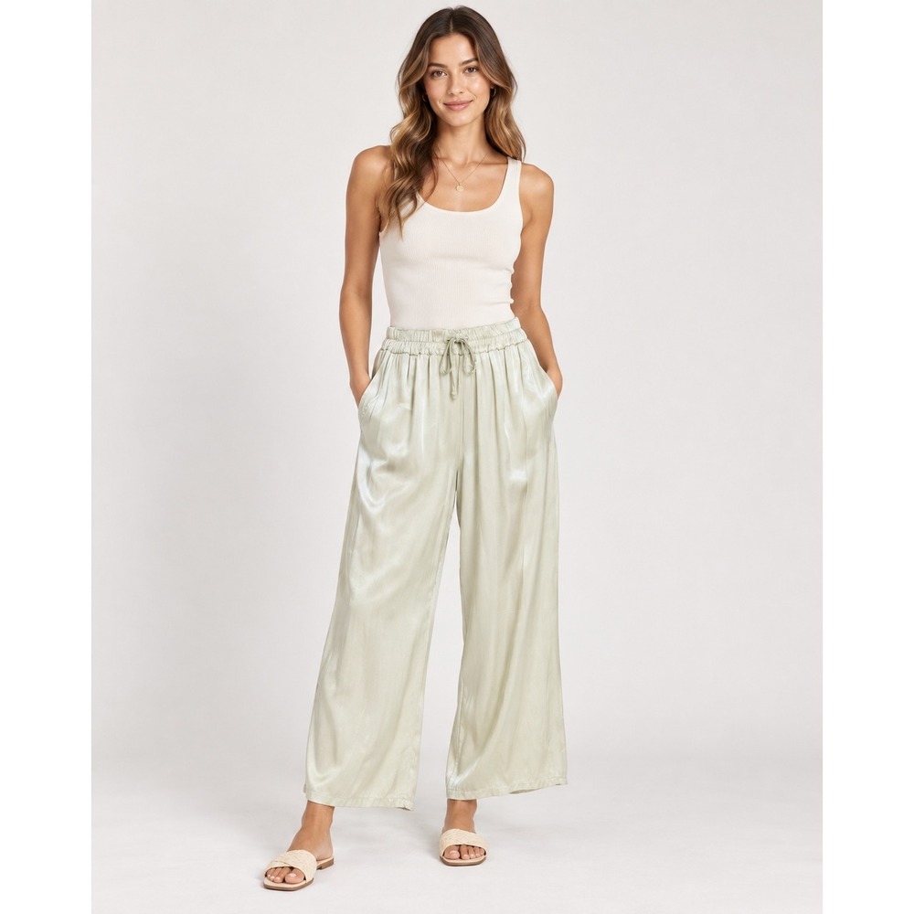 Wide Leg Pants Womens One Size Sage Green Satin Viscose Boho